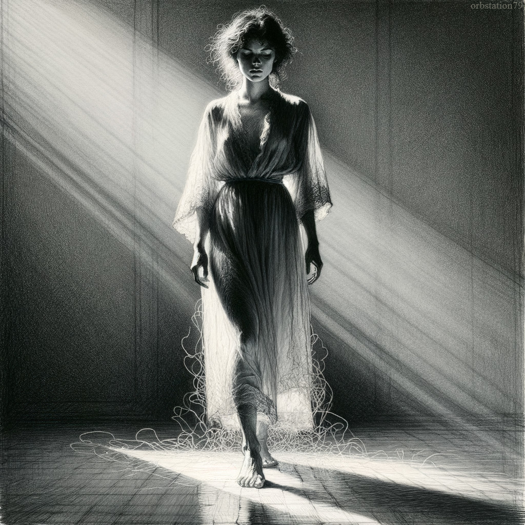 Ethereal Figure in Sheer Gown Amidst Dramatic Light