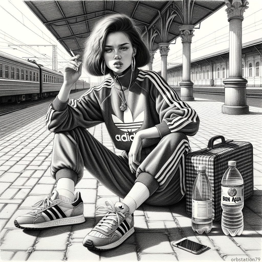 Stylish Woman in Gray Tracksuit at Train Station