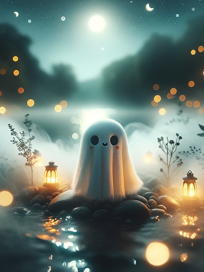 Ghostly Figure Sitting on Rock in Mystical Starlit Landscape
