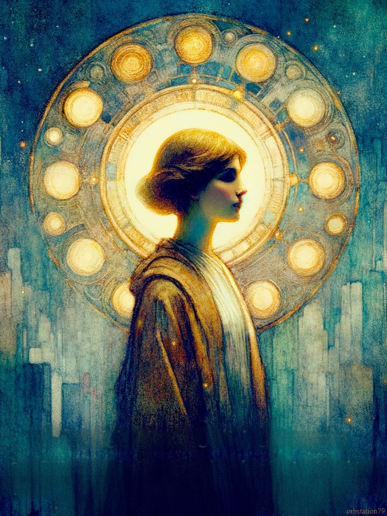 Art Nouveau Person with Halo and Futuristic Cityscape