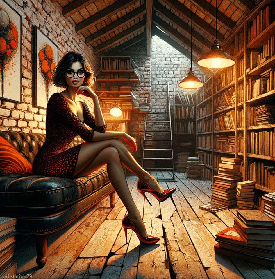 Stylish Woman in Red Dress in Cozy Attic Setting