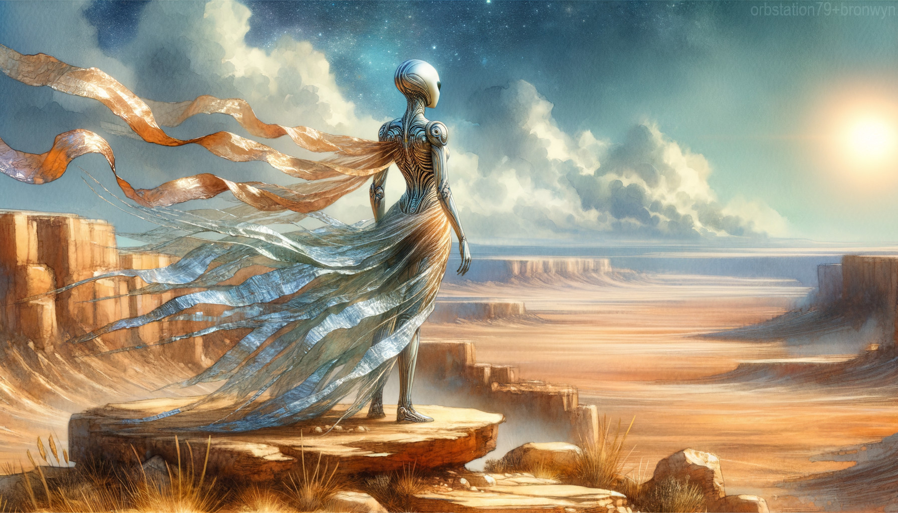 Futuristic Figure Overlooking Desert Landscape and Cliffs
