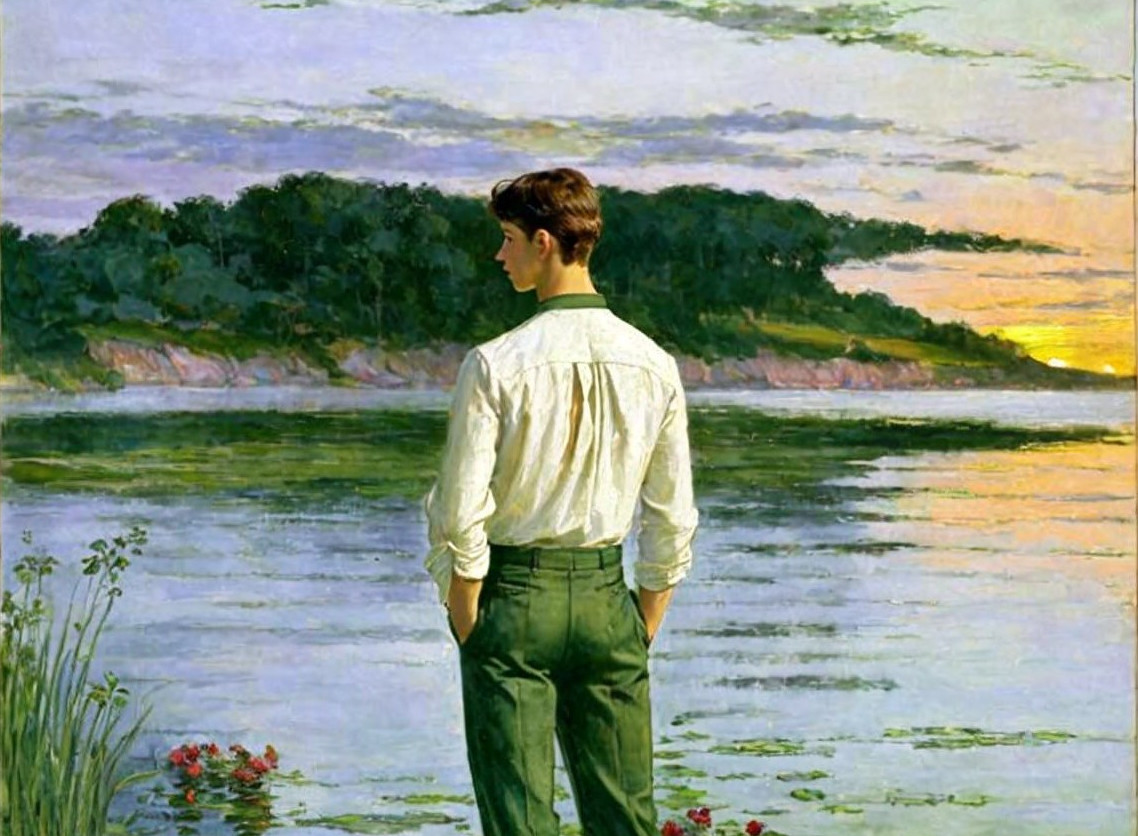 Young Man by Tranquil Lake at Sunset in Nature