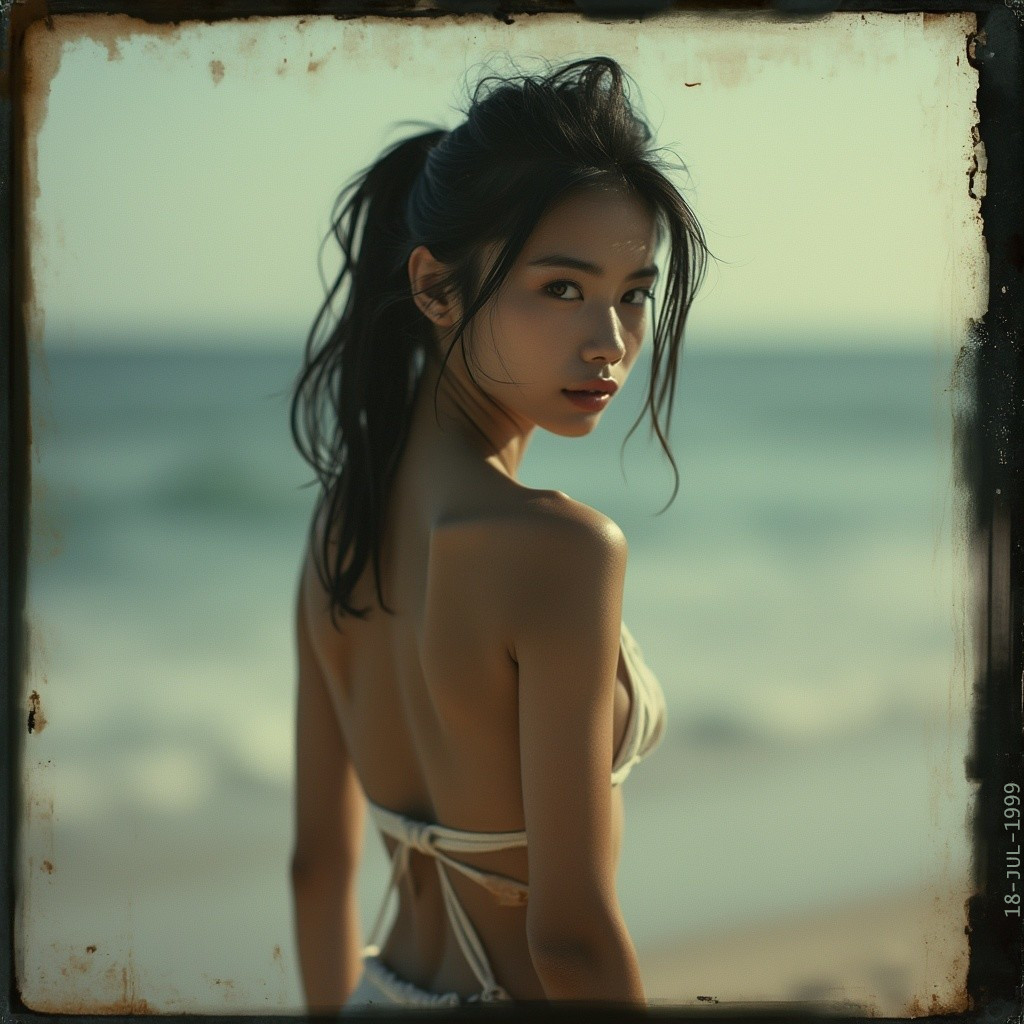 Young woman by the beach with ocean backdrop