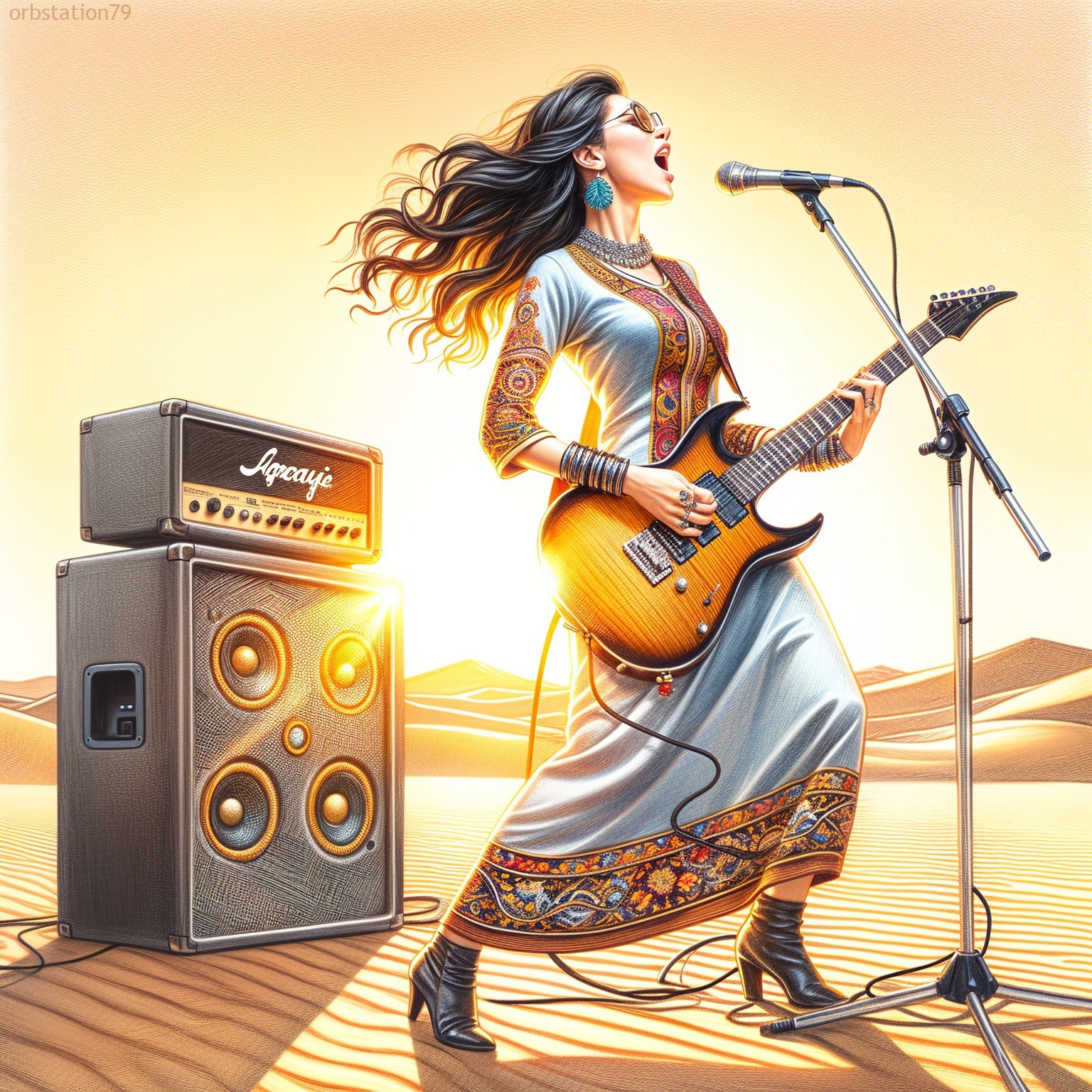 Female Musician Playing Electric Guitar in Desert Sunset
