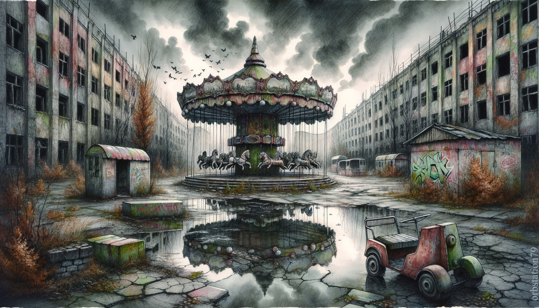 Abandoned Amusement Park with Weathered Carousel