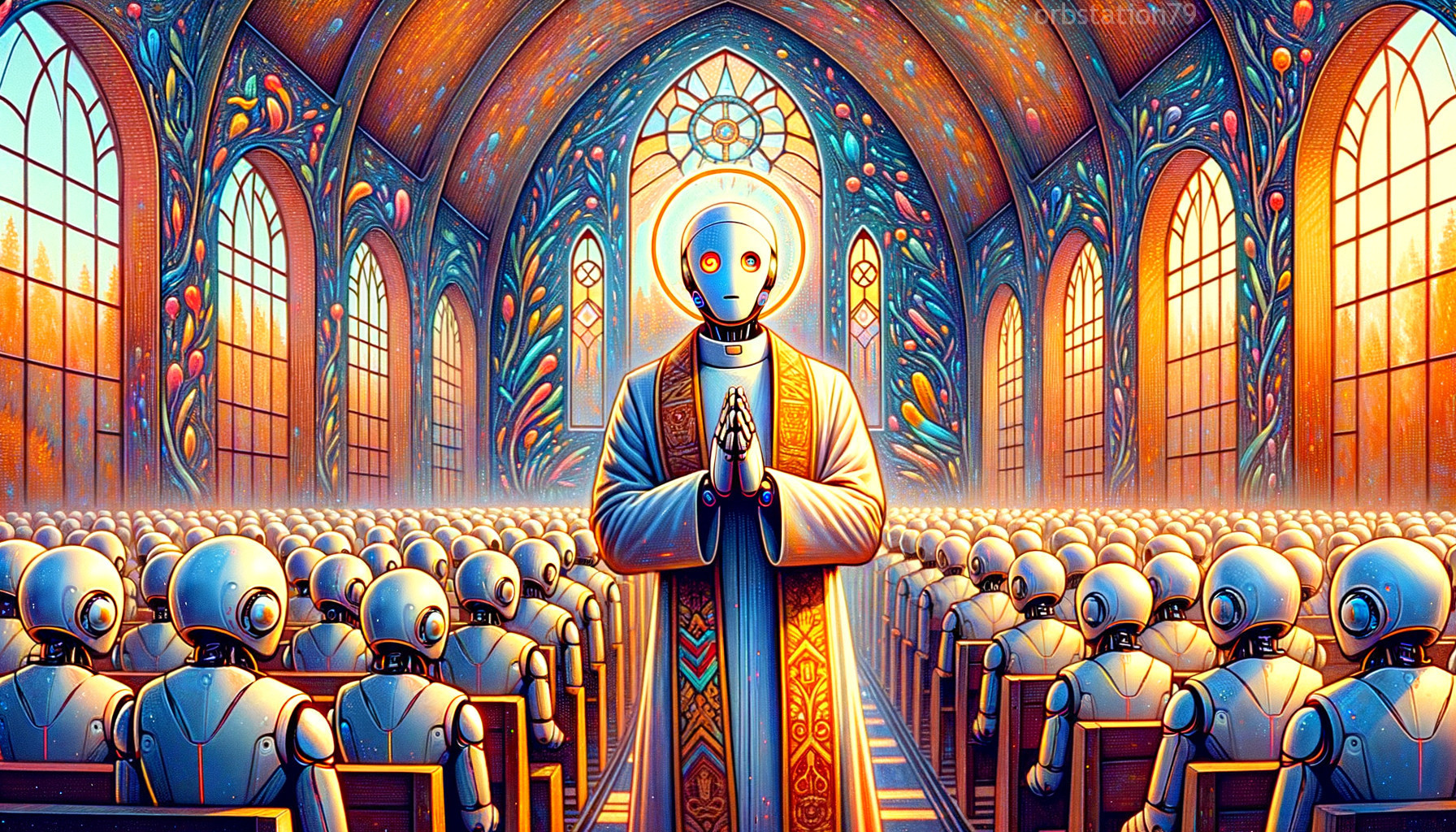 Humanoid Robots in a Stained Glass Chapel Setting