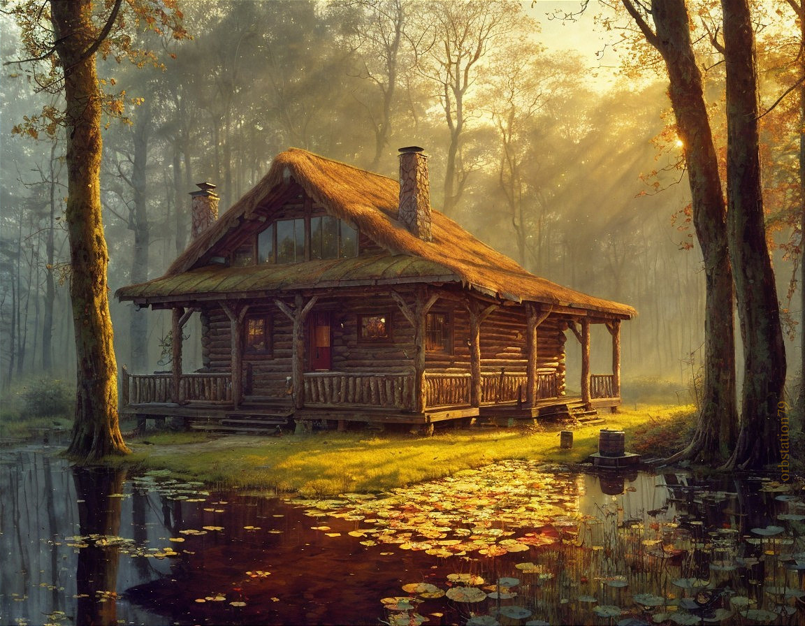 Tranquil wooden cabin by pond with lily pads in serene forest