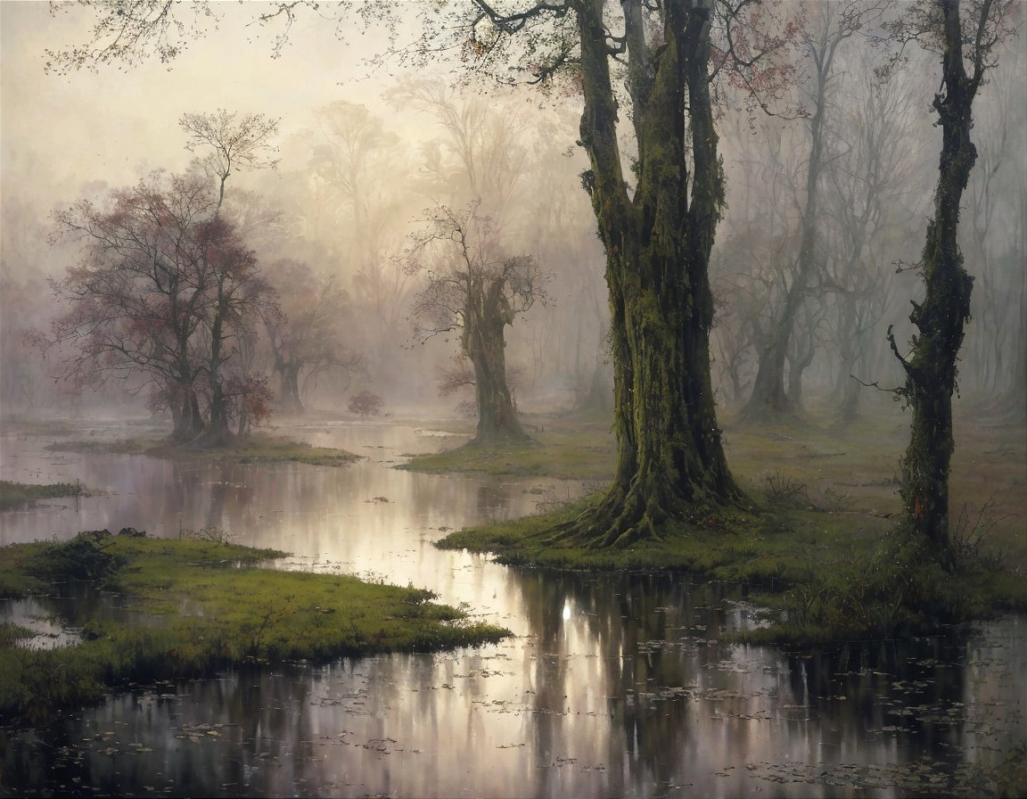 Misty Swamp with Moss-Covered Trees at Dawn