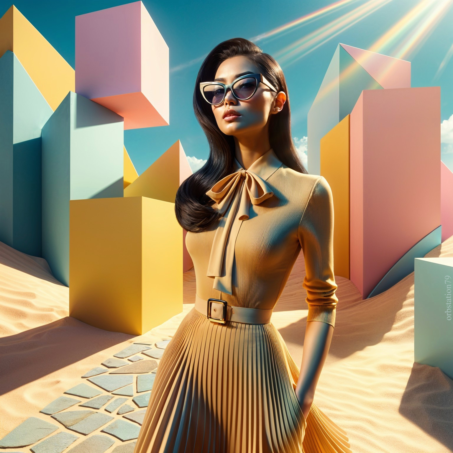 Stylish Woman in Desert with Colorful Geometric Shapes