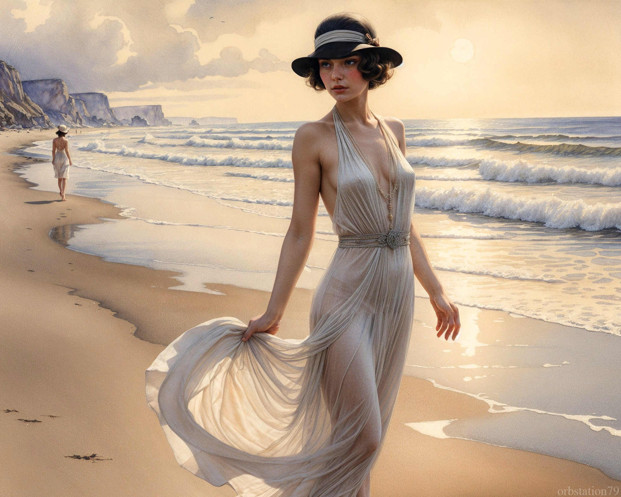 Serene Beach Scene with Women in Elegant Attire