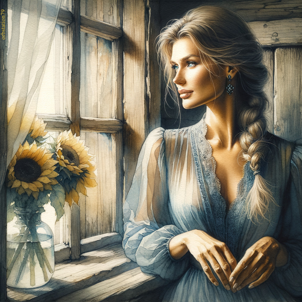 Serene Woman by Sunlit Window with Sunflowers