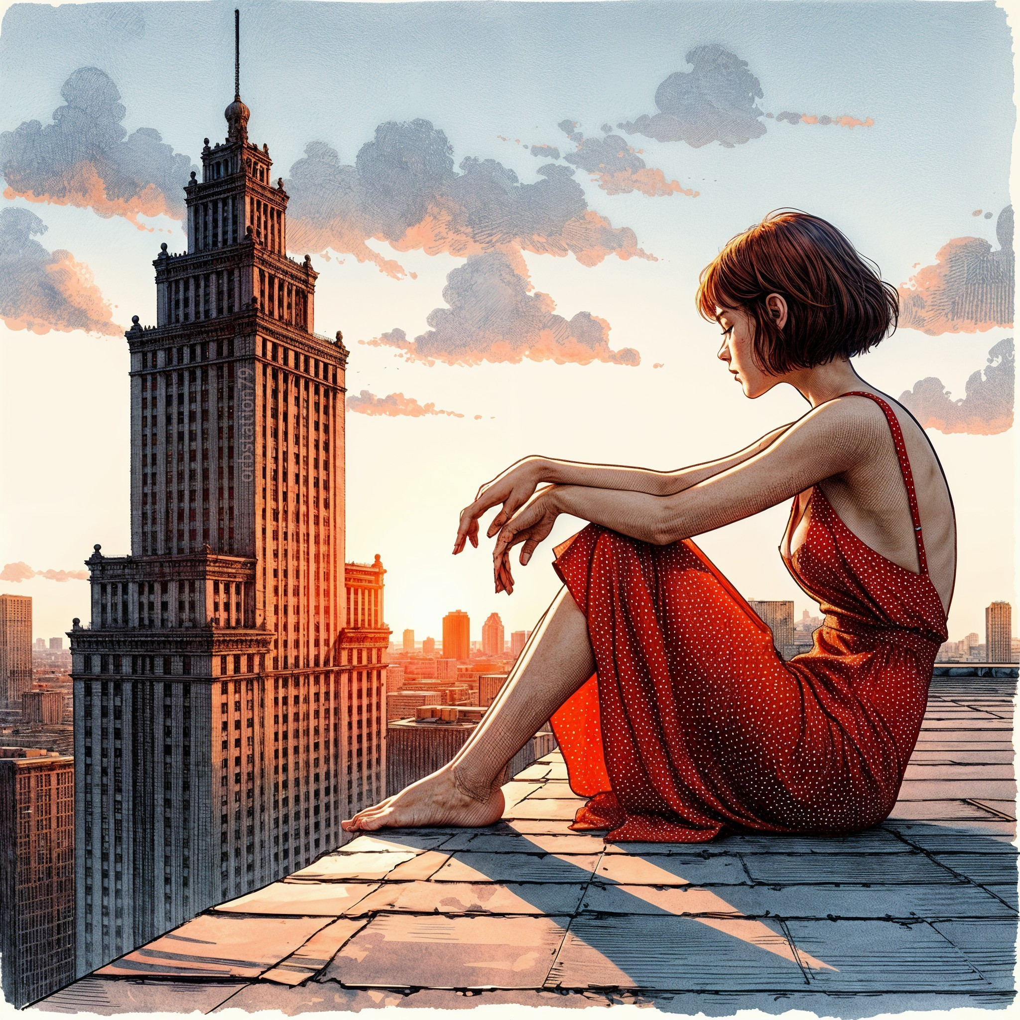 Young Woman in Red Dress on Rooftop at Sunset