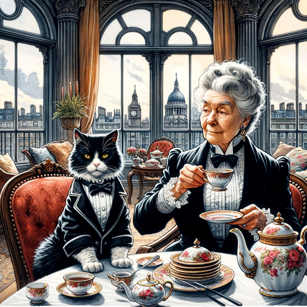 Elegant Tea Setting with Cat in Lavish Dining Room