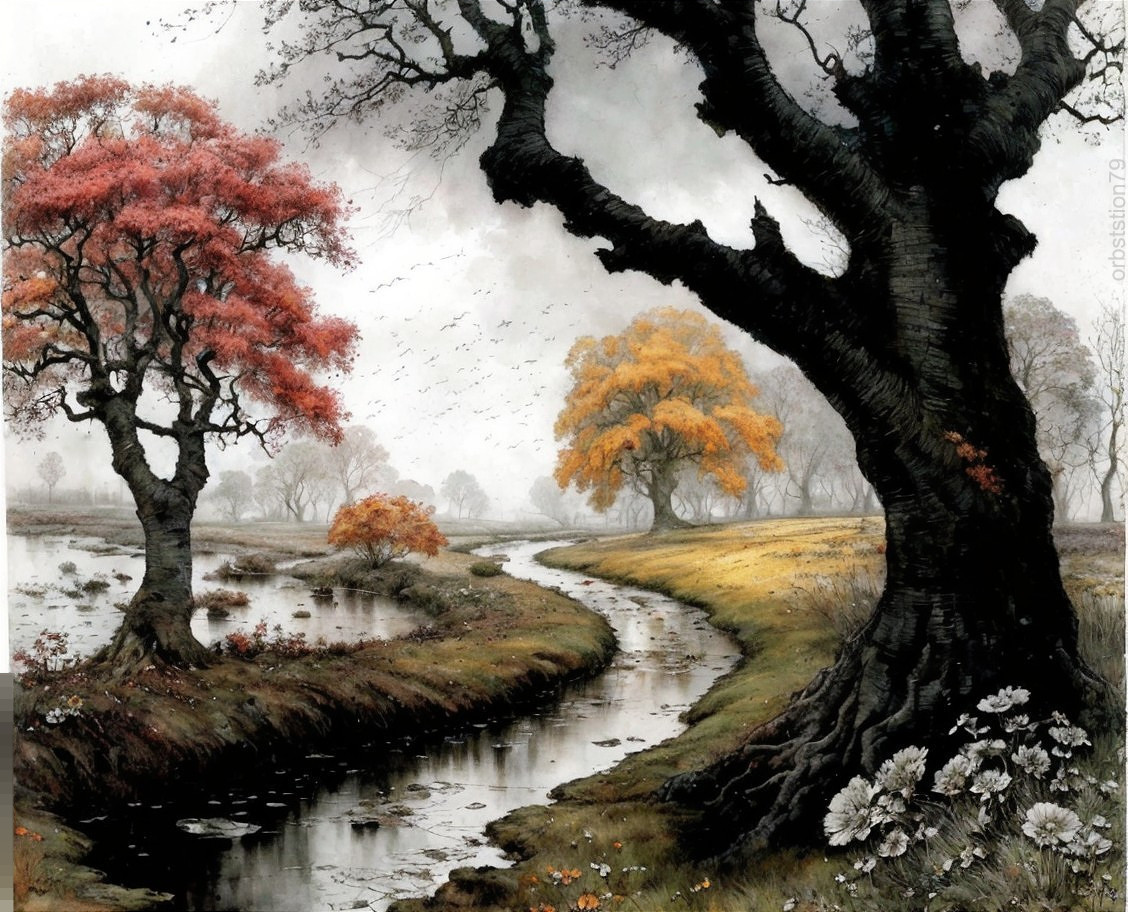 Autumn Landscape with Stream and Majestic Trees