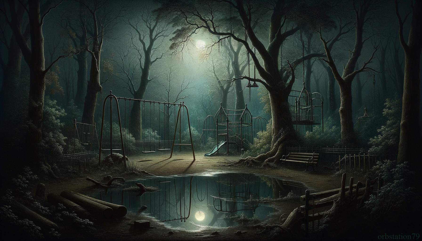 Moonlit playground in misty forest by tranquil water