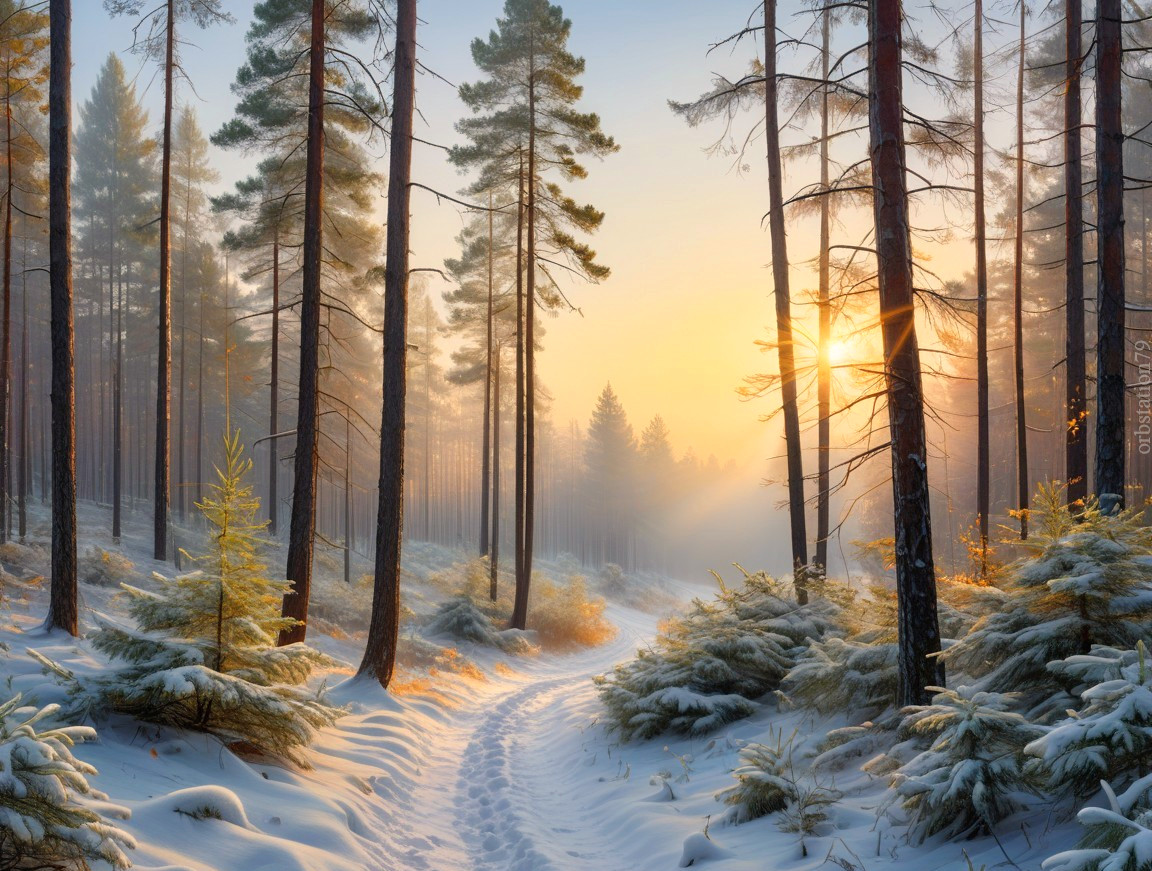 Tranquil Winter Forest Scene with Snow and Sunlight