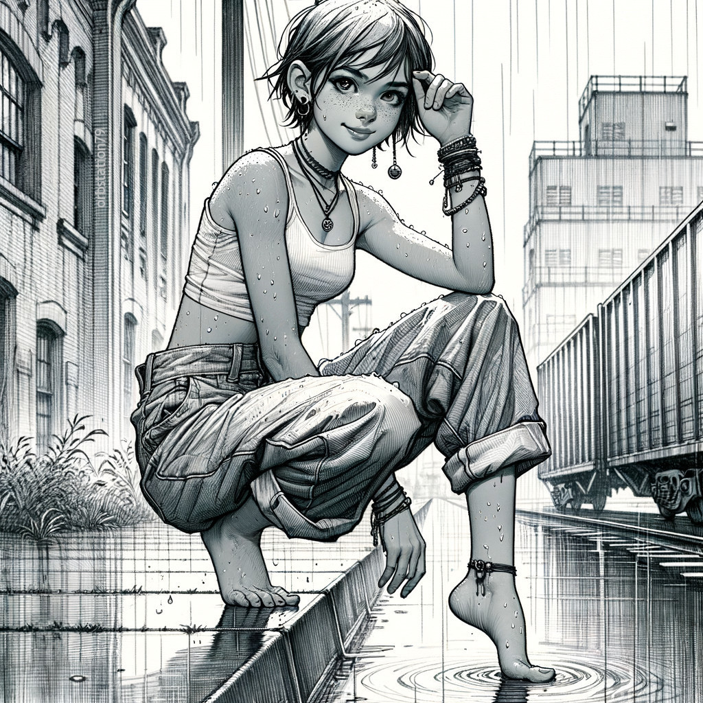 Young girl splashing in puddles on a rainy street