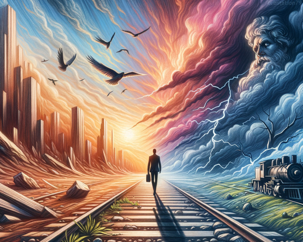Person walking on train tracks towards surreal divided skies over city skyline with birds and train.
