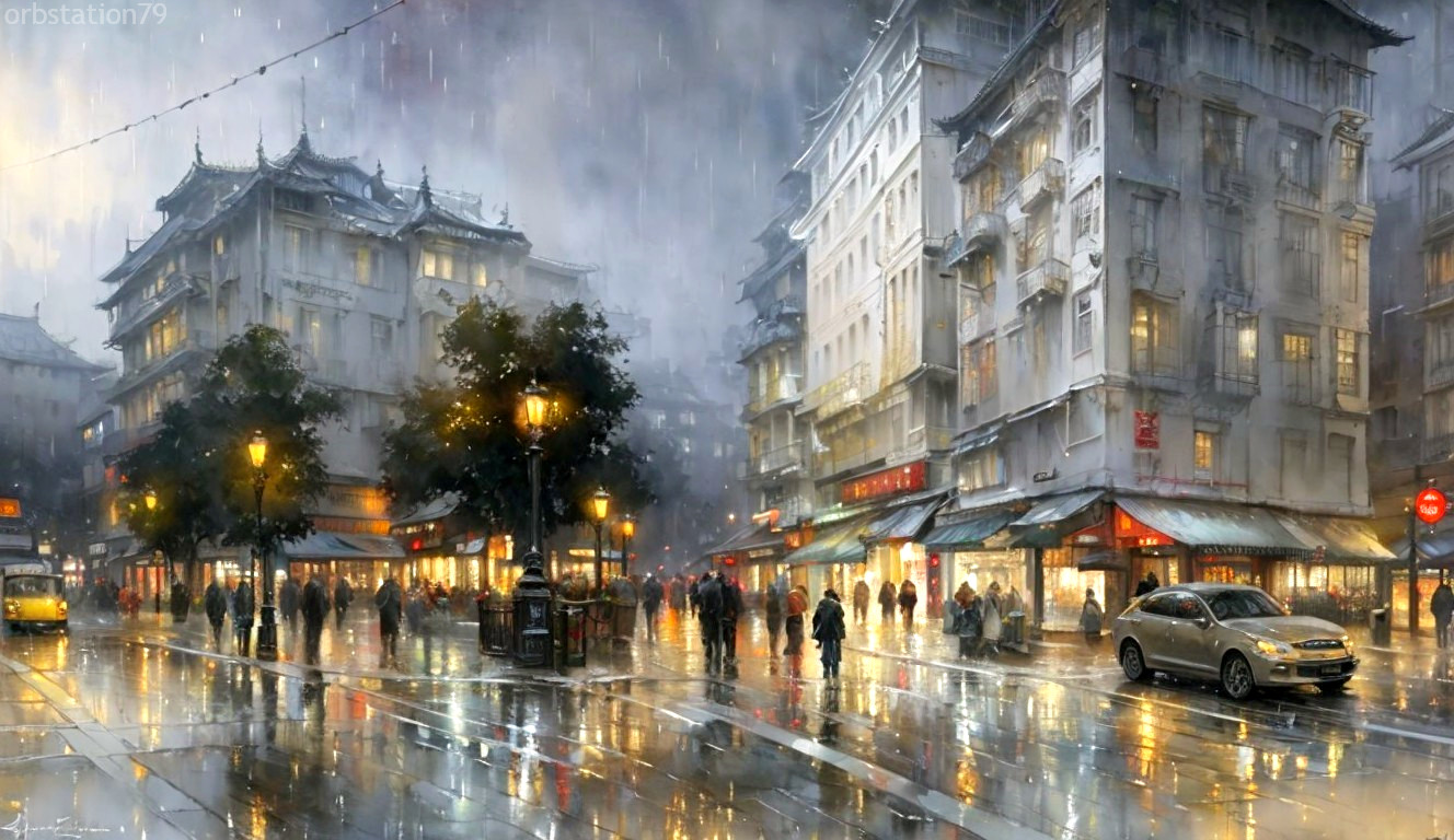 Urban Street Scene in Rain with Pedestrians and Cars