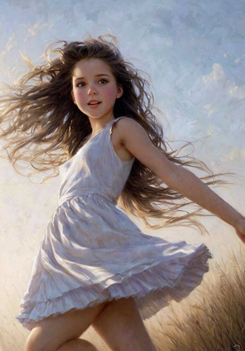 Young girl in white dress running in sunlit field