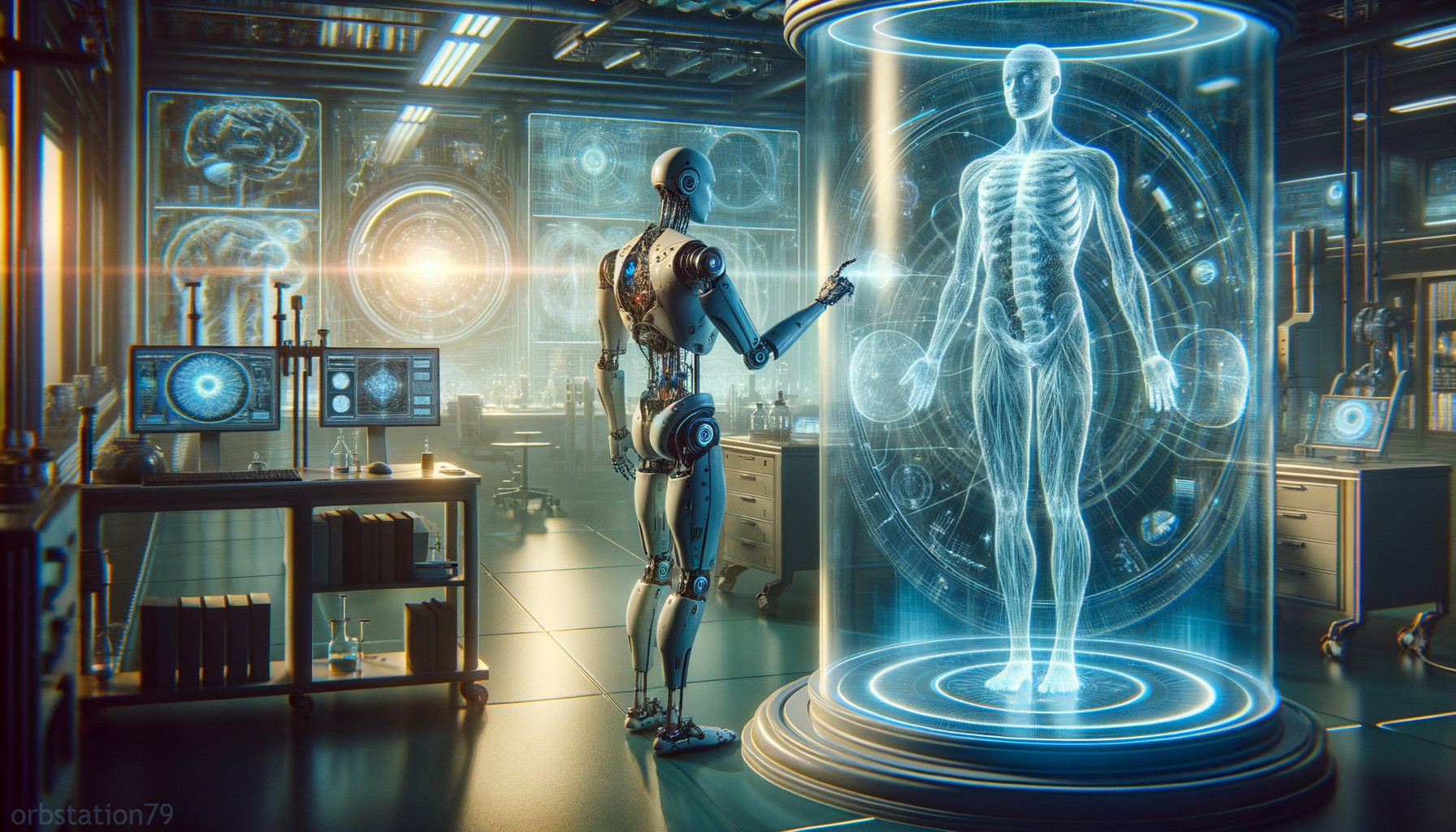 Robot studies holographic human anatomy in futuristic lab