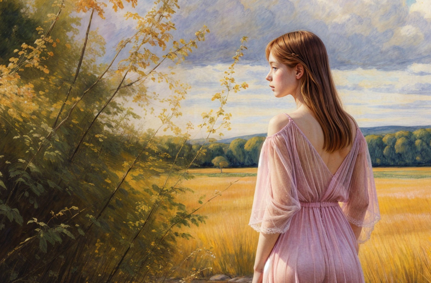Young woman in pink dress in serene autumn landscape