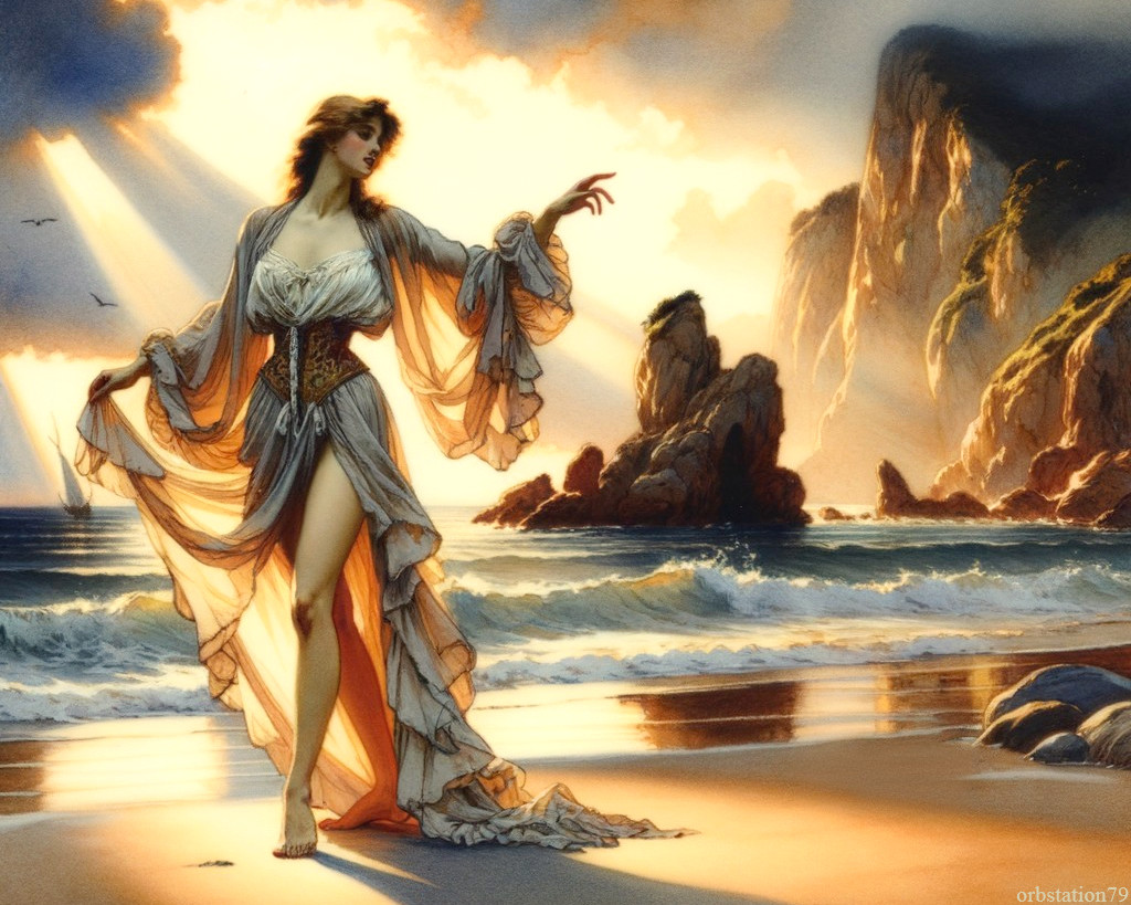 Mystical Beach Scene at Sunset with Ethereal Woman