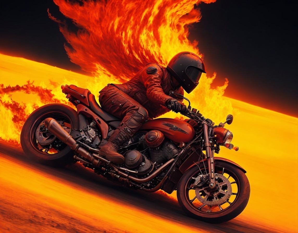 Motorcyclist in full leather suit on classic motorcycle amidst explosive flames