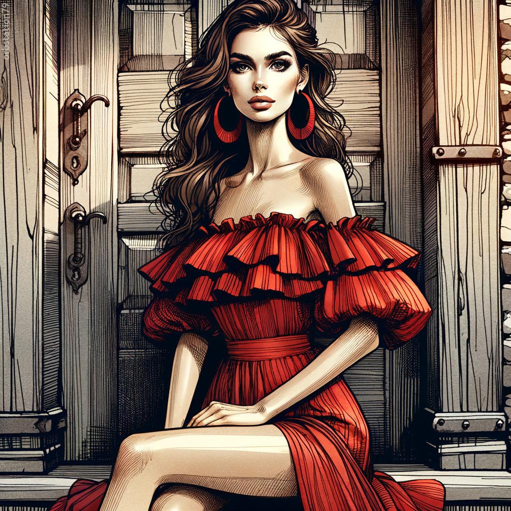 Elegant Woman in Off-Shoulder Red Dress on Steps
