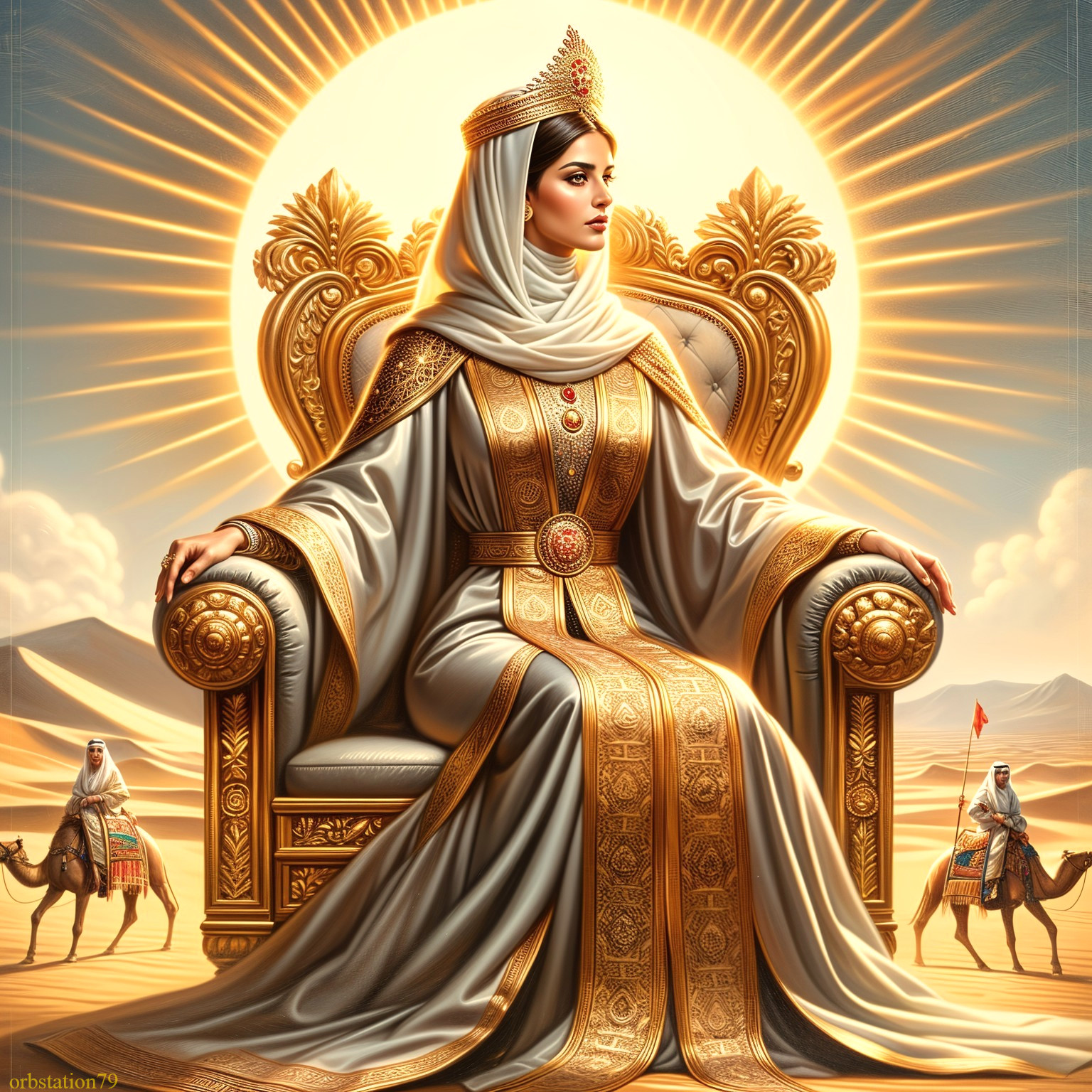 Elegant Woman in Golden Gown on Lavish Throne