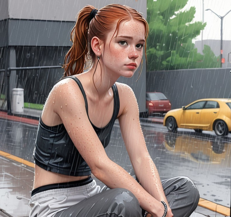 Young woman with red hair on a rainy sidewalk