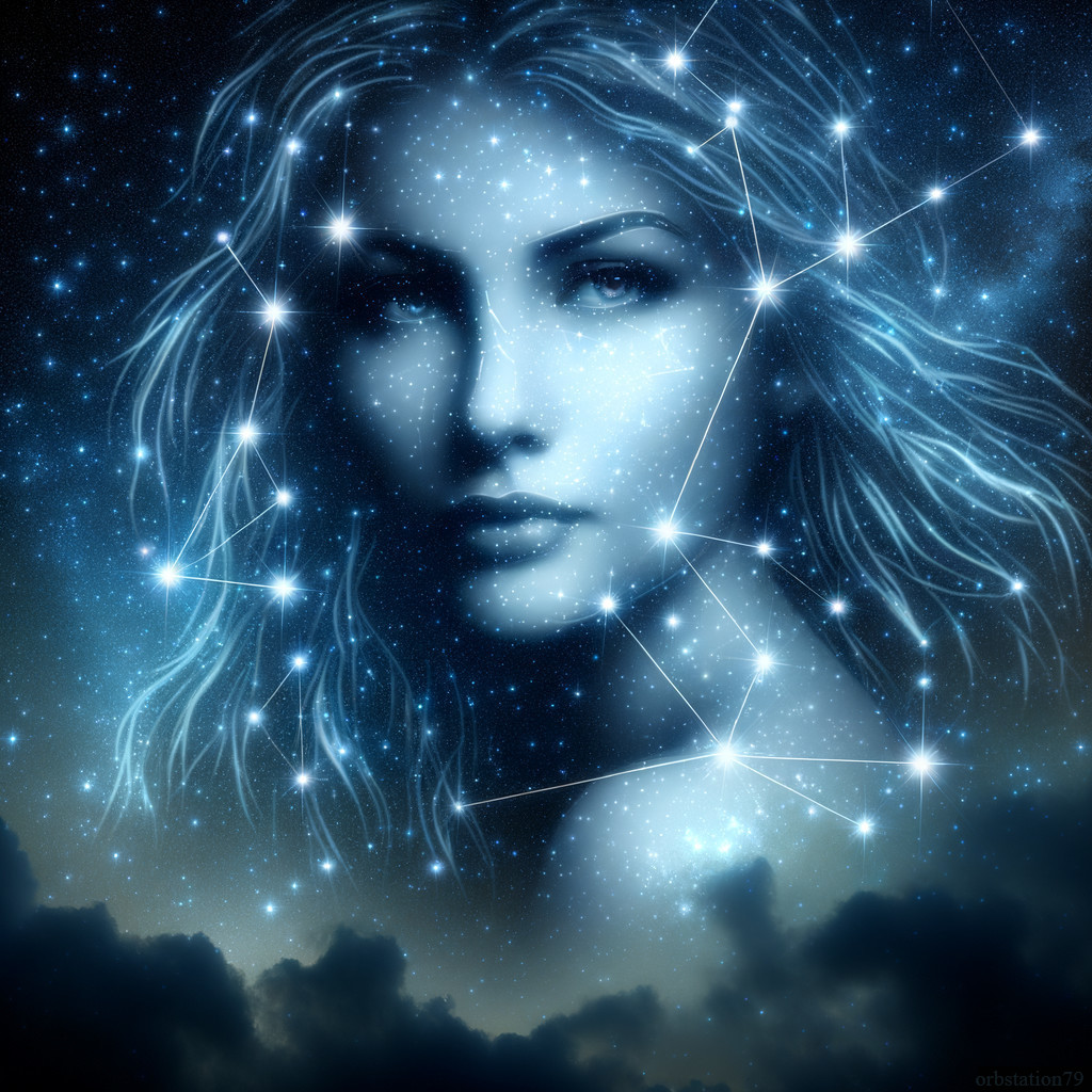 Celestial digital artwork: Woman's face merged with starry night sky