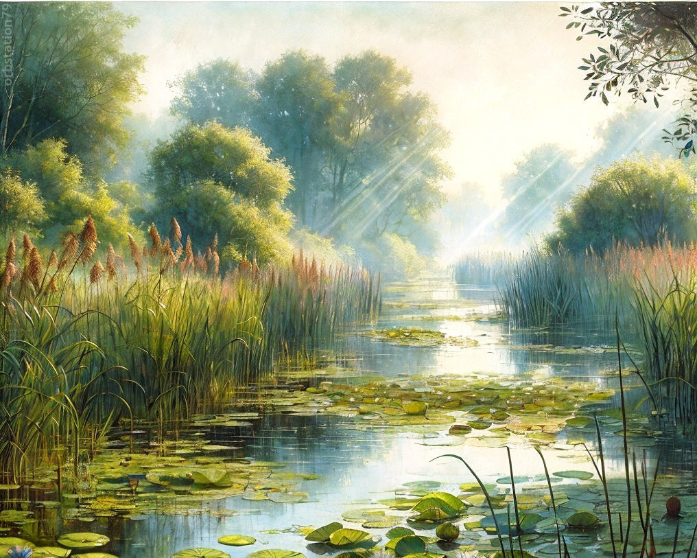 Tranquil River Landscape with Lush Greenery and Sunlight