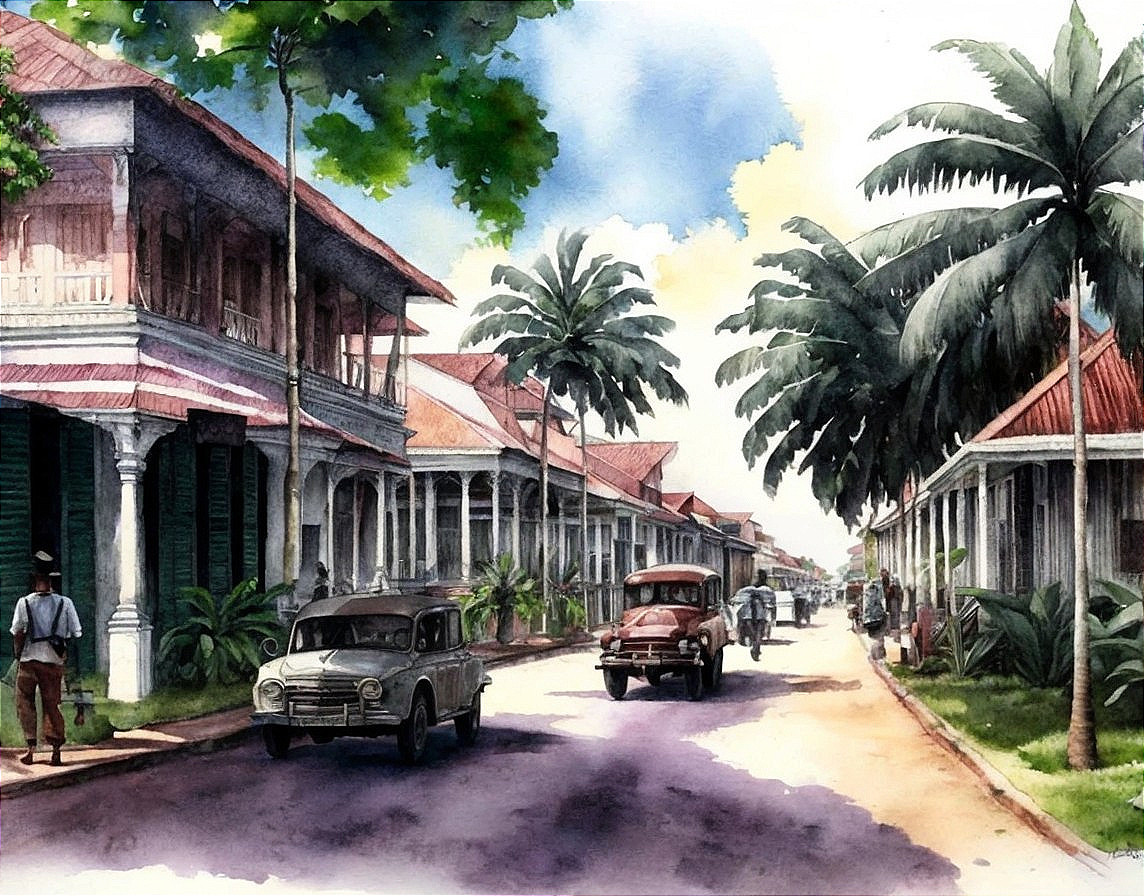Tranquil street scene with vintage cars, colonial houses, palm trees, and pedestrian.