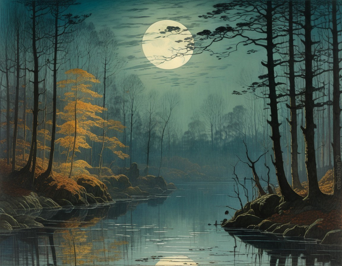 Serene Dusk Landscape with River and Autumn Foliage