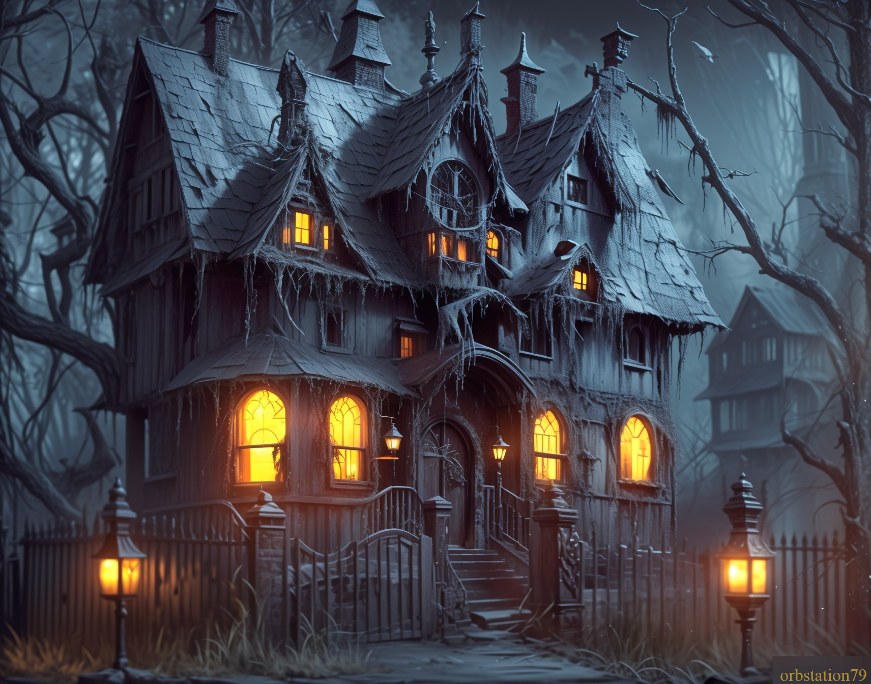 Victorian Mansion in Misty Forest with Eerie Atmosphere