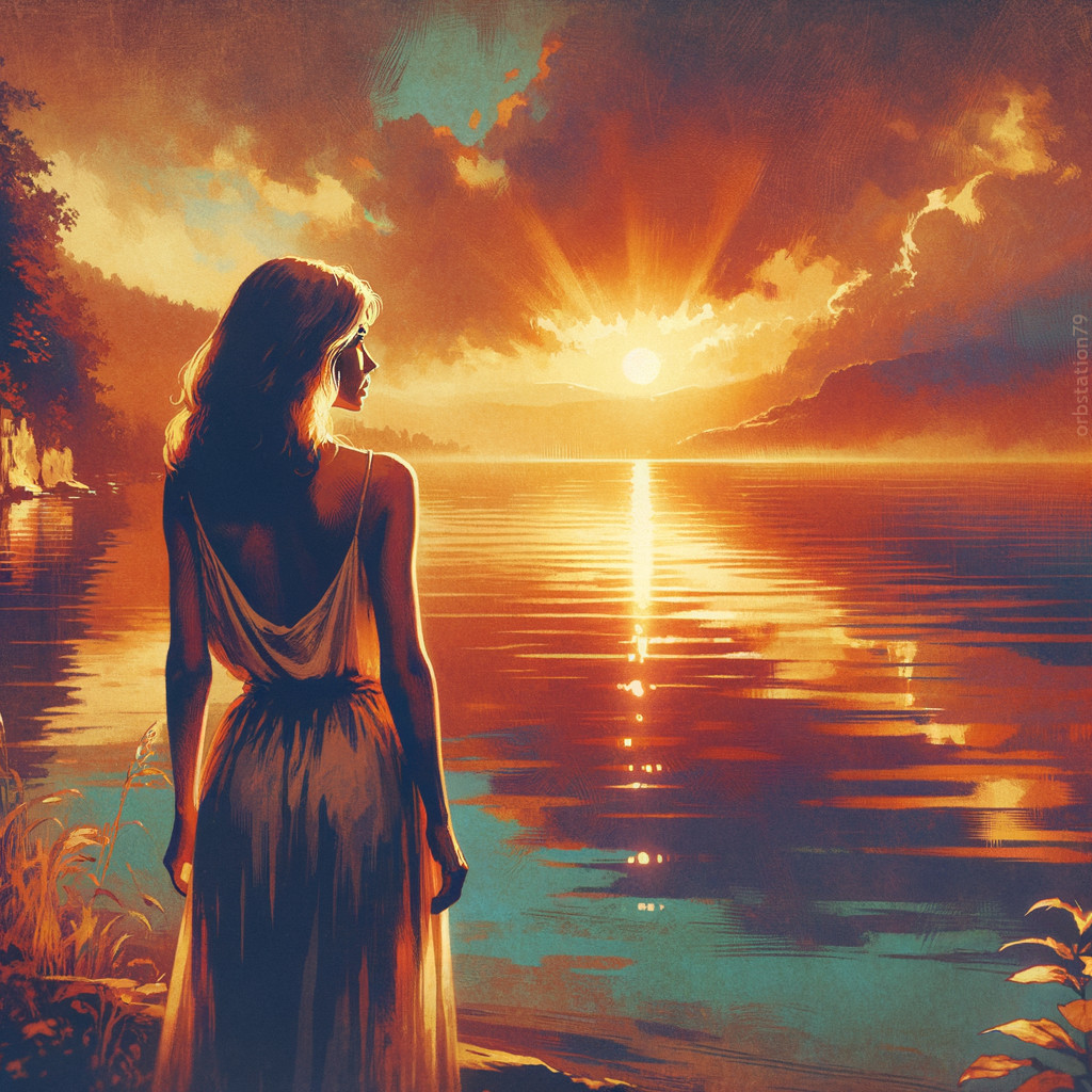 Woman in flowing dress by tranquil lake at sunset
