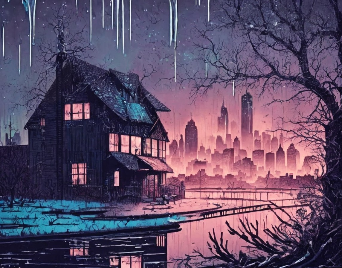 Snow-covered cottage by frozen river with city skyline and icicles