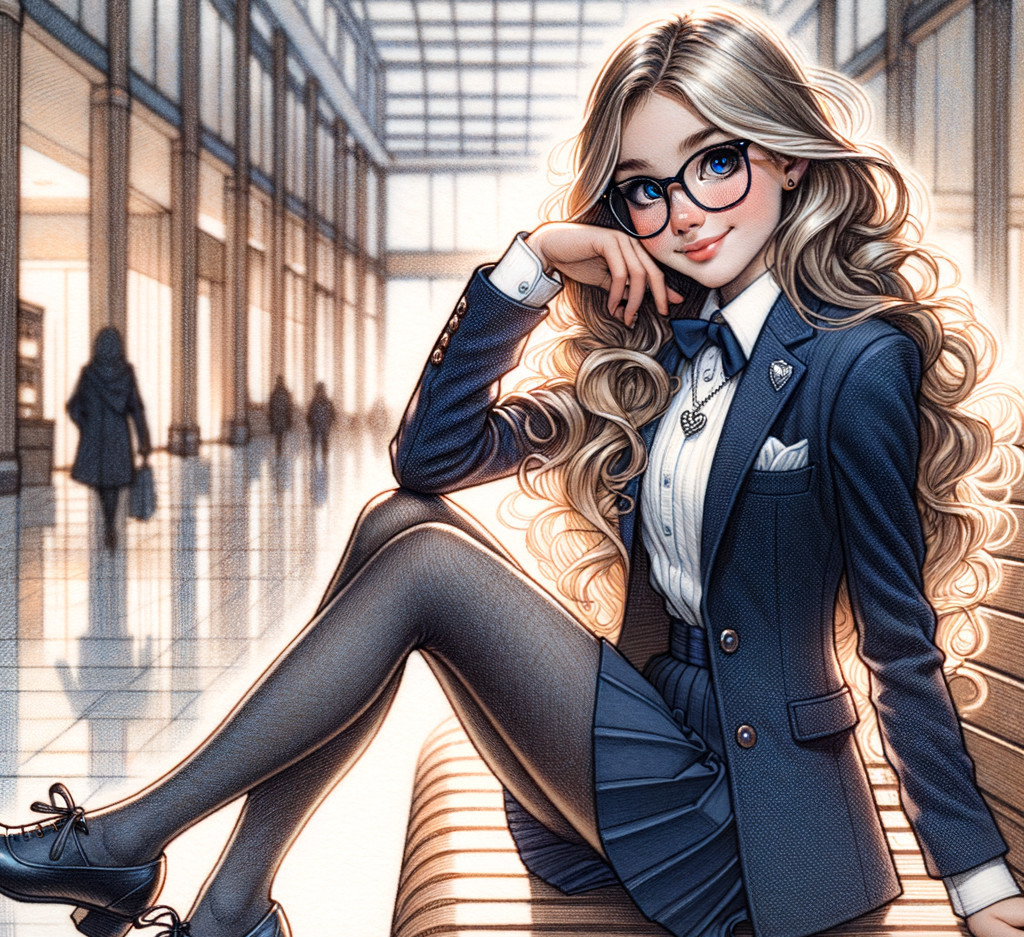 Stylish Woman in Navy Blazer and Pleated Skirt