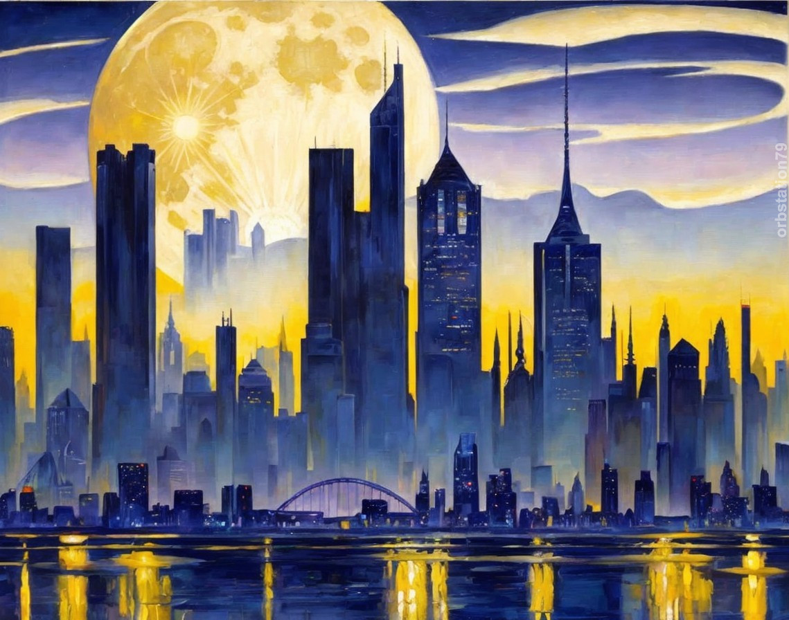 Vibrant City Skyline Under a Glowing Moon
