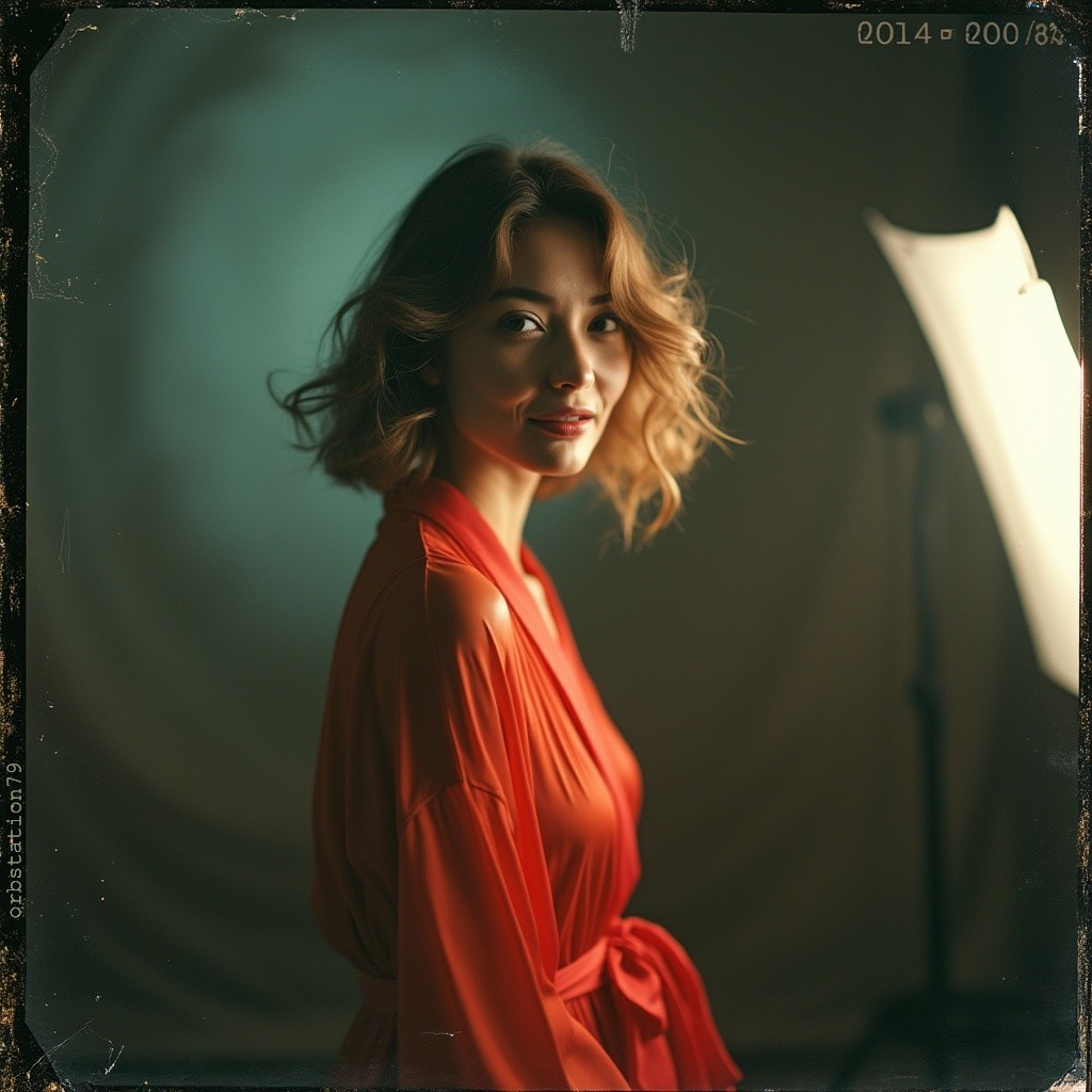 Profile of a woman in a flowing red robe with wavy hair