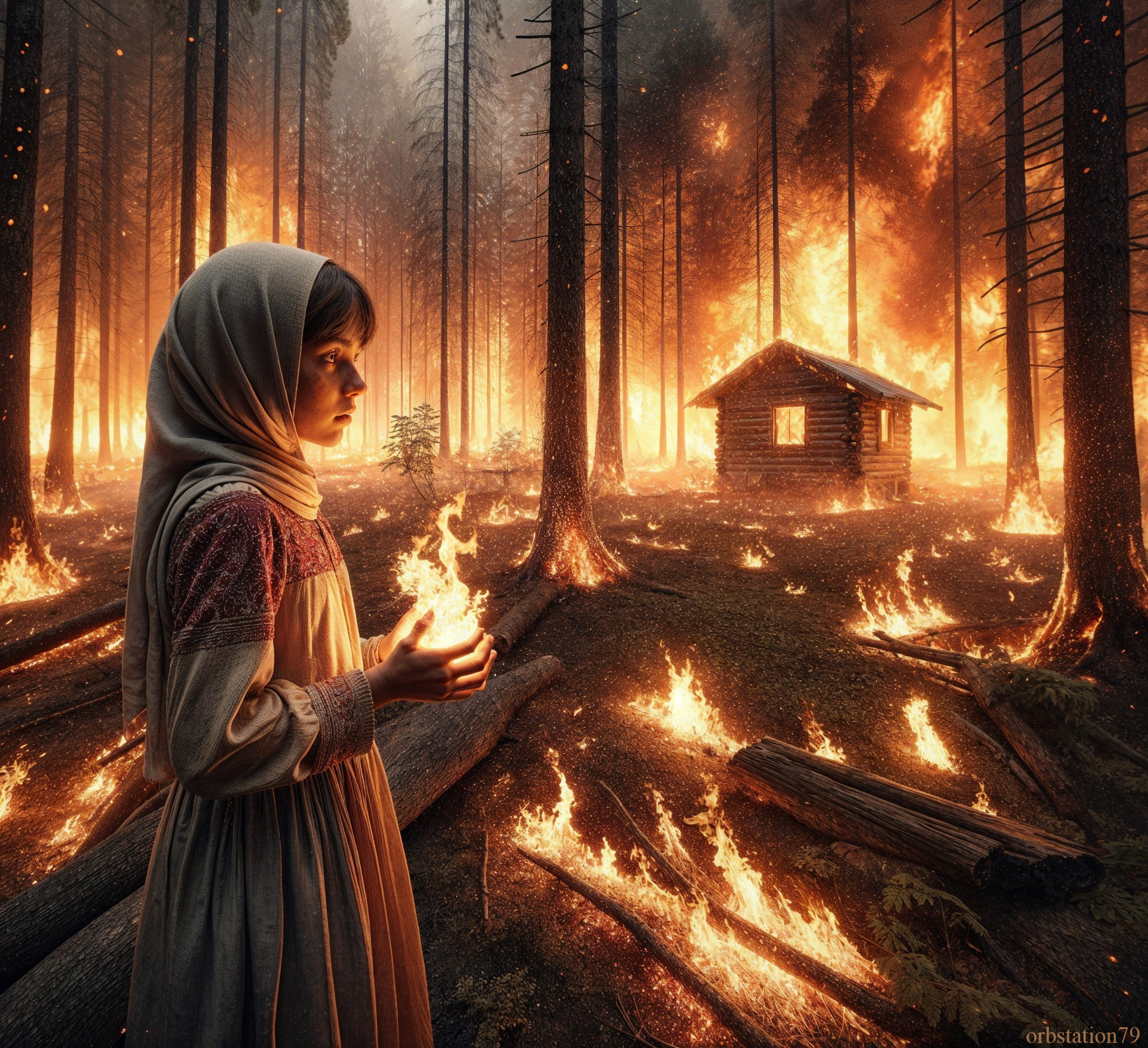 Young Girl in Traditional Dress Amid Fiery Forest Flames
