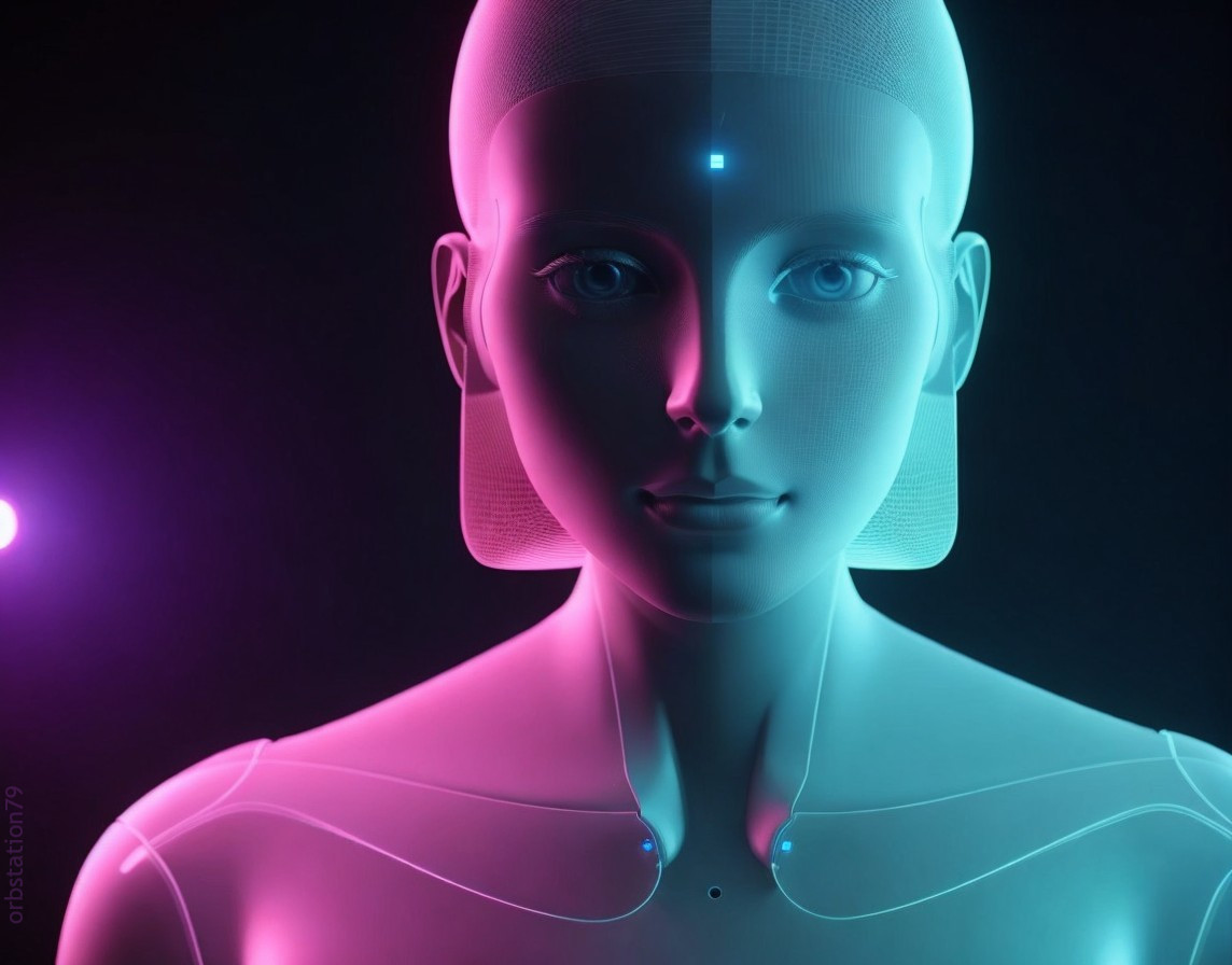 Serene humanoid robot in neon pink and blue hues