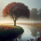 Serene Autumn Landscape with Misty River and Tree