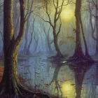 Tranquil misty forest scene with tall trees, sunlight, fog, and autumn leaves.