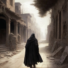 Lone Figure in Cloak on Crumbling Ancient Street