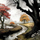 Autumn Landscape with Stream and Majestic Trees