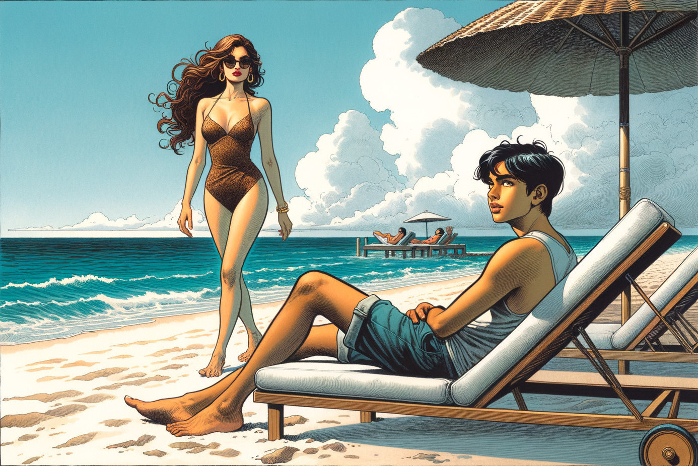 Young man relaxes on beach with sunbathers nearby