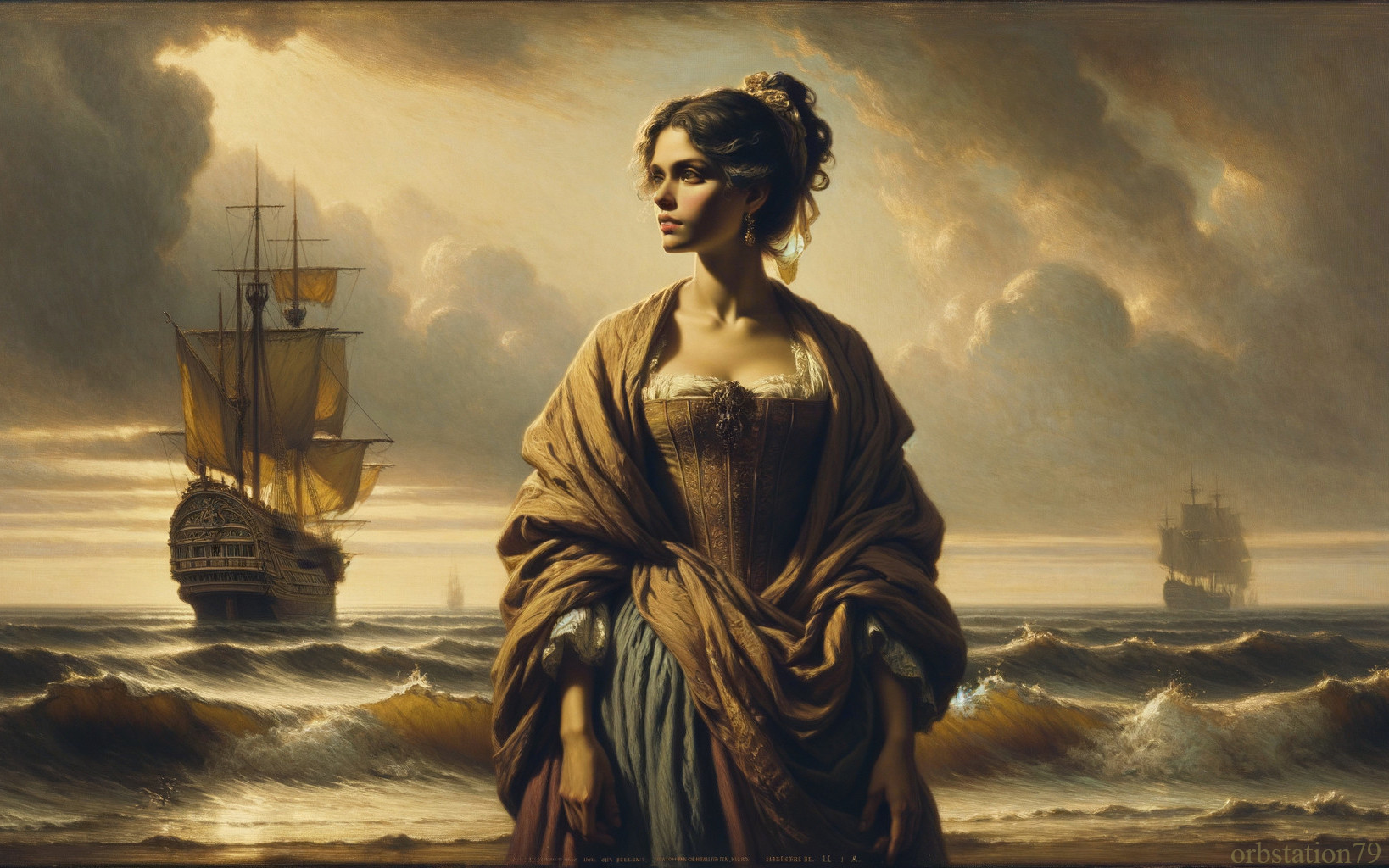 Majestic Twilight Seascape with Historical Attire